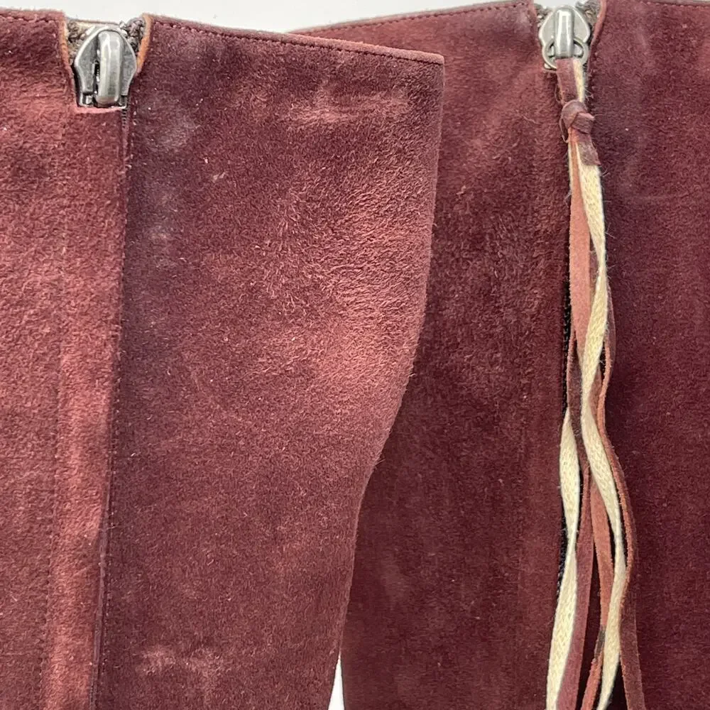 Pollini Suede Knee High Boot Womens SZ 6.5 Maroon Tassel Tall Heel Double Zip